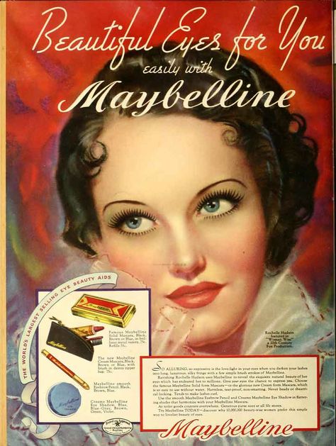 Rochelle Hudson for Maybelline Mascara, 1930s 1930’s Makeup, 30s Makeup, 1930s Makeup, Rochelle Hudson, Vintage Makeup Ads, Mascara Maybelline, Maybelline Mascara, Makeup Ads, Retro Makeup