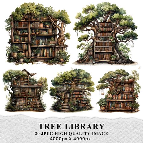 Fantasy Bookshelf Art, Gnome Diorama, Forest Bookshelf, Library Watercolor, Bookshelf Clipart, Fantasy Bookshelf, Forest Library, Library Tree, Library Magic