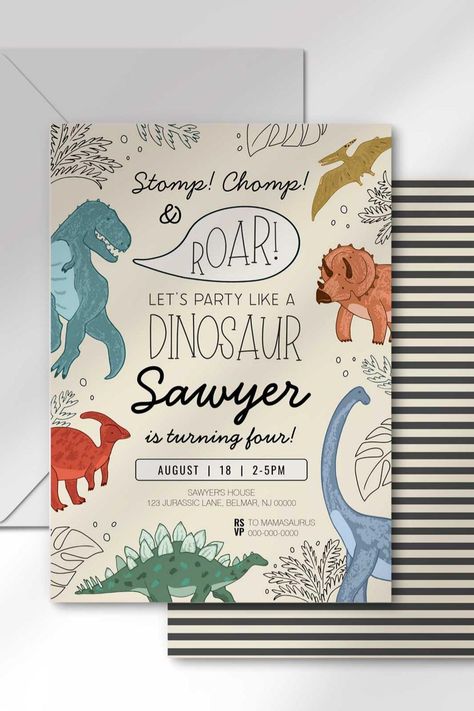 Dinosaur Birthday Invitation Kids Dinosaur Party, Dinosaur Theme Birthday, Dinosaur Party Invitations, Dinosaur Birthday Invitations, Dino Birthday, Party Animals, Dinosaur Theme, Dinosaur Kids, Dinosaur Party