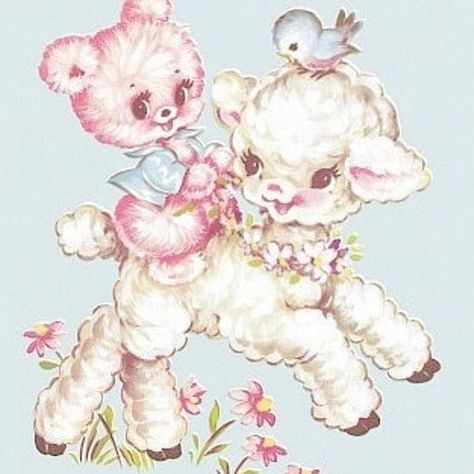 sweet vintage sheep pink bear pastel card hand drawn Art Mignon, Easter Images, Vintage Nursery, Images Vintage, Vintage Kitsch, Illustration Vintage, Vintage Greeting Cards, 영감을 주는 캐릭터, Vintage Easter