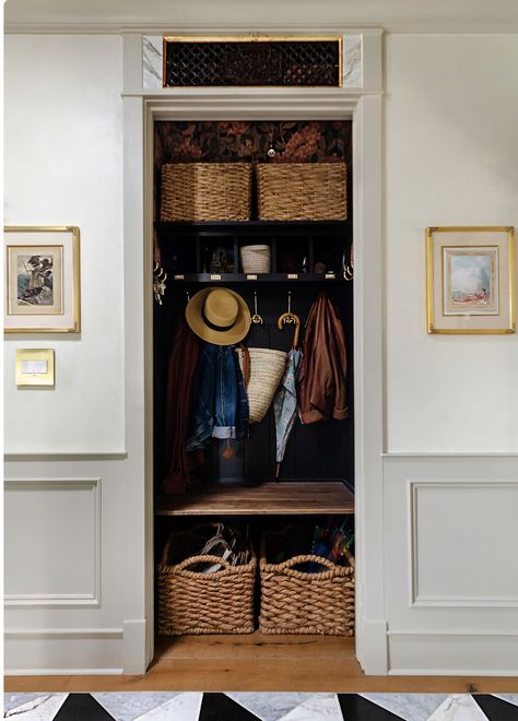 Closet To Seating Area, Entryway Closet Ideas With Doors, Coat Closet Mudroom Diy, Entryway Closet Turned Mudroom, Entryway Shoe Closet, Shoe Storage Mudroom Closet, Adding A Coat Closet, Small Hall Closet Turned Mudroom, Large Entryway Closet