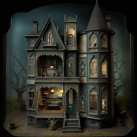 Haunted House Inspiration, Halloween Haunted House Diy, Haunted House Diy, Fairy House Crafts, Haunted Dollhouse, Doll House Plans, Haunted Dolls, Victorian Dollhouse, Witch House