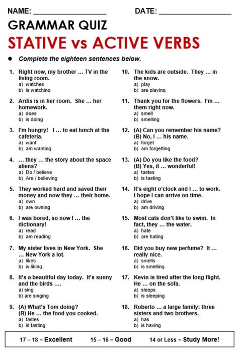 Present Simple or Continuous - Stative verbs worksheet Stative Verbs Worksheet, Stative Verbs, Practice English Grammar, Action Verbs Worksheet, Verbs Worksheet, Verbs Activities, Esl Grammar, Helping Verbs, Grammar Quiz