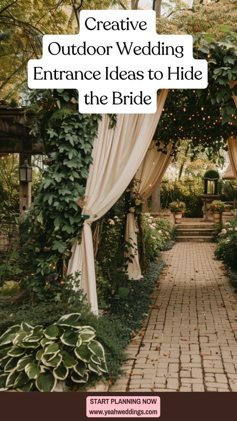 A beautiful outdoor wedding entrance with lush greenery and whimsical drapes creating a hidden pathway for the bride, adding an element of surprise and magic to the ceremony. Wedding Entrance Outdoor Ceremony, Entrance To Wedding Ceremony, Wedding Reception Door Decor Entrance, Diy Wedding Entrance Entryway, How To Hide The Bride Outdoor Weddings, Hide The Bride Outdoor Wedding, Outdoor Wedding Entrance Ideas, Wedding Doors Entrance Outdoor Ceremony, Bridal Entrance Ideas