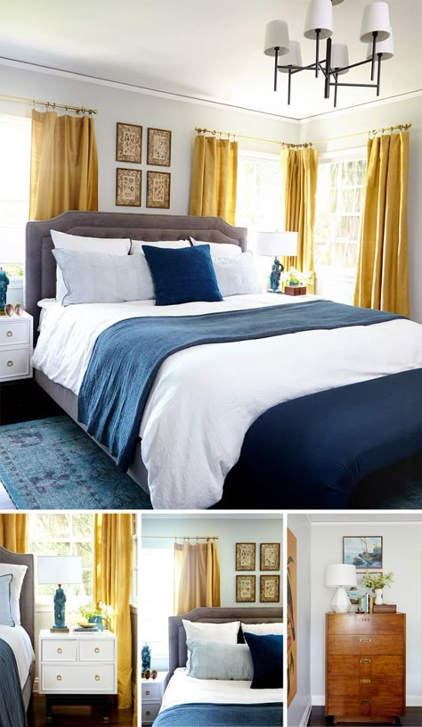 Bedroom makeover from Emily Henderson.  http://stylebyemilyhenderson.com/blog/master-bedroom-makeover/.....Walls:  Gray Owl, Benjamin Moore.  Emily's favorite gray. Boy Room Accent Wall, Blue And Gold Bedroom, Blue Gray Bedroom, Navy Bedrooms, Navy Blue Bedrooms, Benjamin Moore Gray, Teal Bedroom, Gold Bedroom, Grey Bedroom