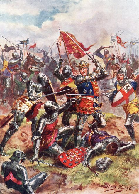 King Henry V at the Battle of Agincourt on 25th October 1415 in the Hundred Years War Battle Of Agincourt, Medieval Artwork, Historical Warriors, Medieval Ages, Ancient Warfare, Medieval Period, Medieval Armor, Medieval Knight, Martial Art