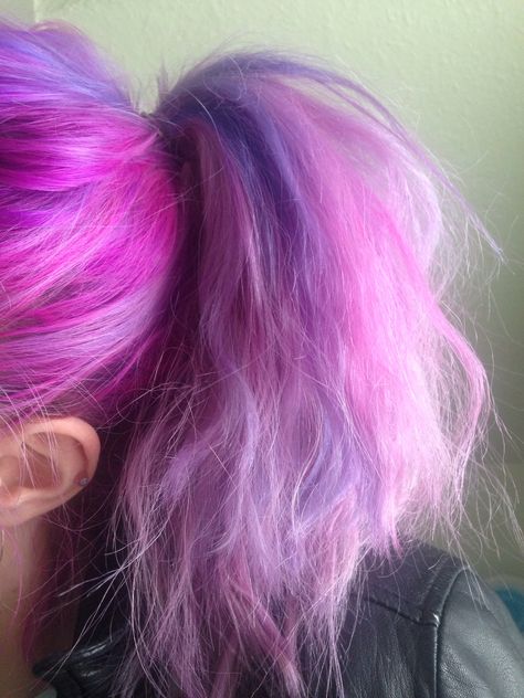 Pink,purple and blue!(: #crazycolour #bleachlondon Light Pink And Purple Hair, Half Pink And Purple Hair, Pink And Blue Hair Ideas, Pink And Periwinkle Hair, Blue And Pink Split Hair, Pink Purple Blue Hair, Pink And Purple Split Dye Short Hair, Blonde Pink Purple Blue Hair, Purple And Pink Hair