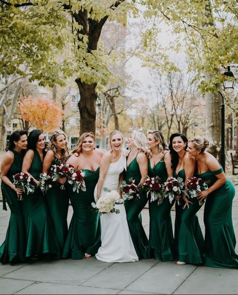 I do not think any words are needed for this stunning LUX bridal party in 💚🌲 Pine! Thank you to the beautiful styling by @dressuptime This is the look you get when you #shopsmall each girl in a different style looking absolutely elegant! #luvthelux #greendresses #greenbridesmaiddress #weddinginspo #bridalparty #weddingplanning #weddinggown #weddingparty #weddingplanner #bridesmaid #instawed #theknot #sayido #comfortablebridesmaids #huntergreen #bridesmaiddress #bridesmaiddresses Pine Bridesmaid Dresses, Bridesmaid Dresses Green Emeralds, Pine Green Bridesmaid Dresses, Christmas Bridesmaid Dresses, Green Bridesmaids Dresses, Emerald Wedding Colors, Christmas Bridesmaids, Emerald Green Bridesmaid Dresses, Dark Green Bridesmaid Dress