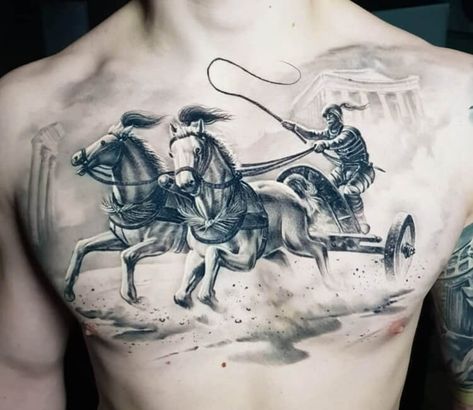 Photo - Roman Chariot, black and grey realistic tattoo work done by tattoo artist Marek Hali | Large Tattoo Photo 27139 | World Tattoo Gallery Headless Horseman Tattoo, Chariot Tattoo, Fictional Tattoos, Horseman Tattoo, Wolf Tattoo Forearm, Tiger Eyes Tattoo, Roman Chariot, Roman Tattoo, Gladiator Tattoo