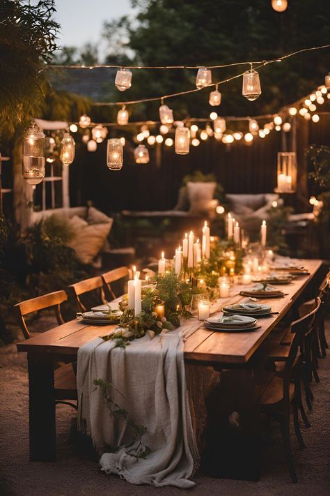 Backyard candle lighting in lanterns and on tables, creating a romantic and peaceful outdoor ambiance. Candle Lit Dinner Outside, Moody Outdoor Dinner Party, Backyard Wedding Celebration Ideas, Evening Wedding Lighting, Night Backyard Wedding, Backyard Light Ideas, Outdoor Event Lights, Wedding String Lights Outdoor, Intimate Christmas Party