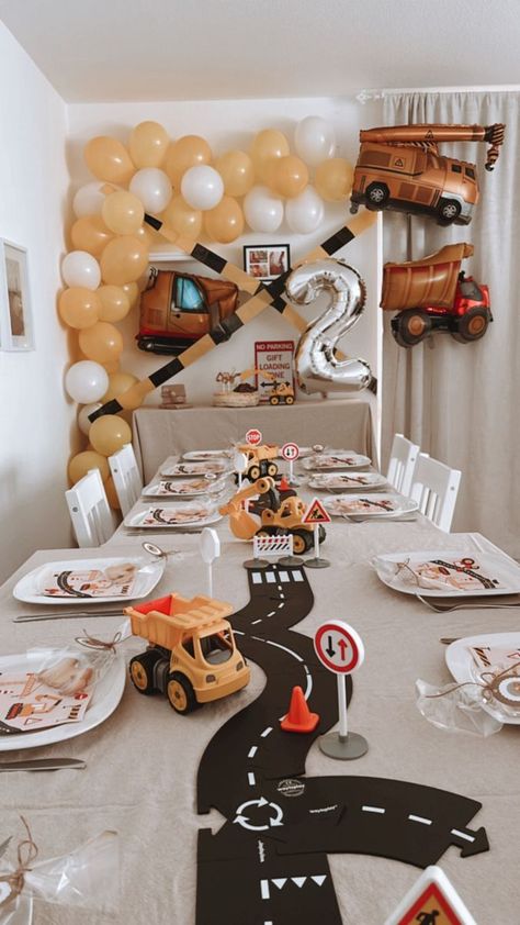 Construction theme birthday party decoration Boy Bday Decoration Ideas, Construction Theme Birthday Party Table, Trucks Second Birthday, 2 Year Birthday Theme Boy Construction, Caution Two Year Old Ahead, 2nd Birthday Boy Party Ideas, Birthday 3 Year Theme, Vroom Vroom Birthday Party, Pink Construction Party