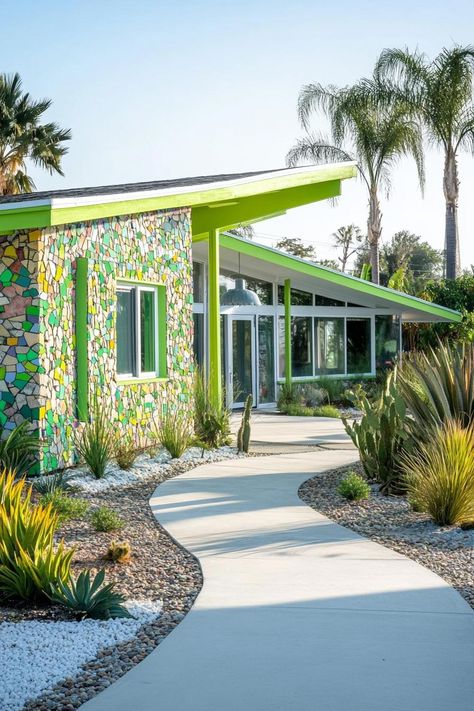 Mid Century Modern Building, Mid Century Modern Homes Exterior, Vintage Palm Springs, Palm Springs Decor, Palm Springs Mid Century Modern, Homes Exterior, Colorful Mosaic, Concrete Facade, Desert Vibes