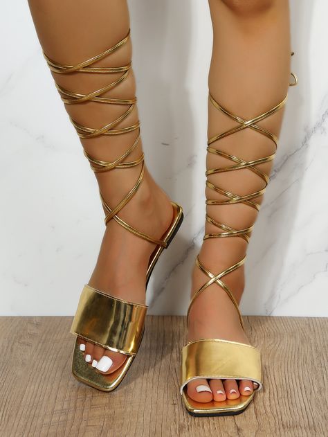 Goddess Sandals, Gold Shoes Flats, Women Flat Sandals, Strappy Sandals Flat, Gold Flats, Lace Up Sandals, Leg Design, Womens Sandals Flat, Valentino Studs