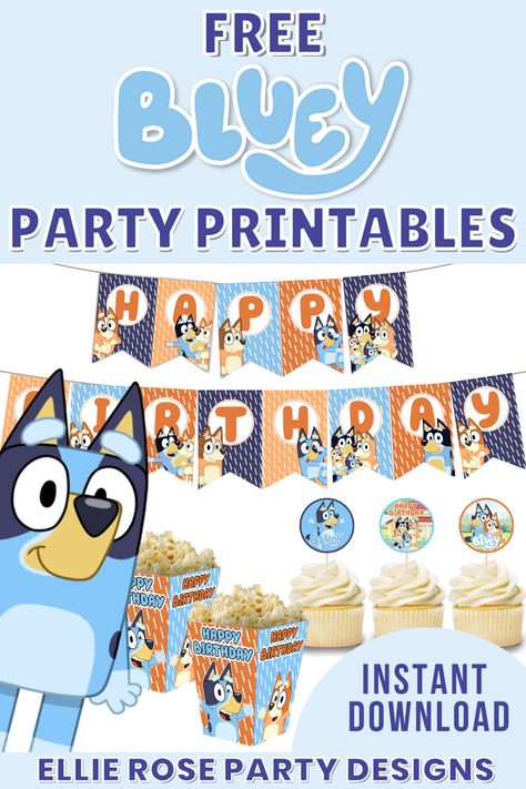 Get ready to organize the best Bluey birthday party with these free Bluey party printables. Download our free Bluey birthday banner, popcorn boxes and cupcake toppers to take your party to the next level! Click here to download! Free Printable Bluey Decorations, Easy Bluey Party Ideas, Bluey Birthday Party Balloon Arch, Cricut Bluey Birthday, Bluey Grannies Party, Diy Bluey Decorations, Diy Bluey Birthday Decorations, Bluey Classroom, Bluey Birthday Party Food