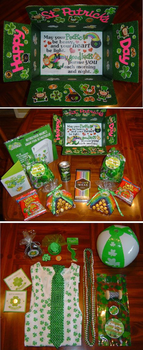 St. Patrick's Day care package. Used Krylon Glitter Blast Lucky Green spray paint. Enclosed "Release Your Inner Leprechaun" bag which included shamrock shirt, socks, beach ball & ring, mini clip-on leprechaun hat, beads, button, "pinch proof" nail polish, & "lucky" penny w/a scratch-off lottery ticket. Added some refrigerator magnets (they use them to decorate their dorm room door), rainbow pencils, Lucky Charms cereal, green hot chocolate mix, rainbow Twizzlers w/ Rolos candy. Rainbow Balloon Arch, St Patricks Day Wallpaper, Green Spray Paint, St Patricks Day Quotes, Lucky Charms Cereal, Missionary Gifts, College Care Package, St Patrick's Day Decorations, Creative Box