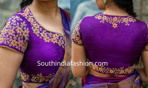 purplr high neck maggam work blouse High Neck Blouse Designs Maggam Work, High Neck Blouse Work Designs, High Neck Work Blouses, High Neck Work Blouse Designs, Maggam Work Bangles Designs, High Neck Maggam Work Blouse Designs, Half Hands Maggam Work Blouses, Back High Neck Blouse Designs, Violet Saree