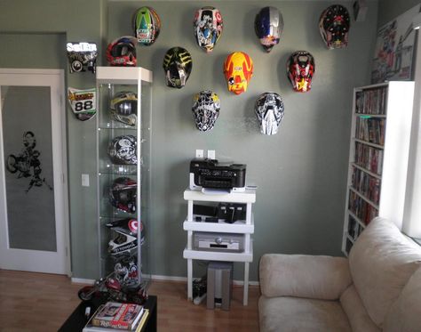 Great Idea for retired helmets! Motocross Bedroom Decor, Motocross Room, Bike Bedroom, Motorcycle Room, Dirt Bike Bedroom, Motocross Bedroom, Motocross Decor, Dirt Bike Room, Motorcycle Wall Art