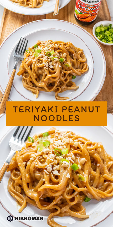 Satisfy your cravings with these flavorful Teriyaki Peanut Noodles! Made with creamy peanut butter, Kikkoman® Teriyaki Marinade & Sauce, and a hint of lime, this dish is ready in under 20 minutes. Topped with chopped peanuts and green onions, it's the perfect quick and delicious meal! Peanut Butter Pasta Recipes, Peanut Butter Asian Noodles, Peanut Butter Pasta, Cold Peanut Noodles, Peanut Noodles Recipe, Peanut Butter Noodles, Teriyaki Noodles, Spicy Peanut Noodles, Teriyaki Marinade