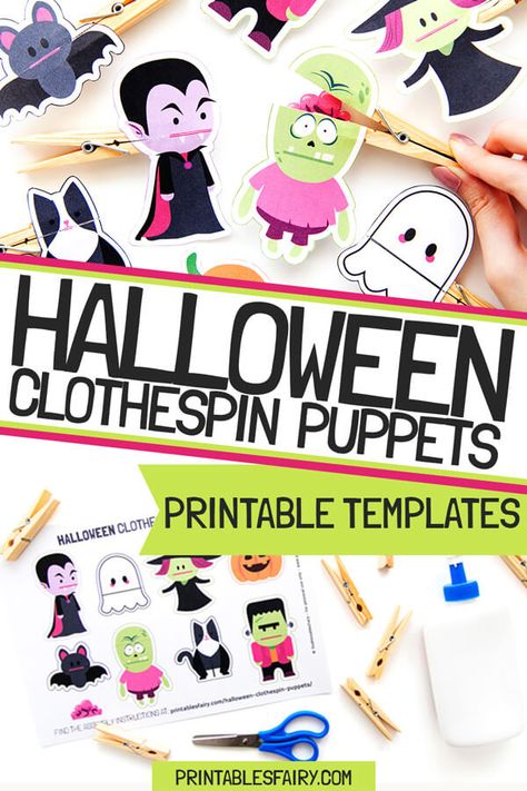 Halloween Clothespin Puppets - The Printables Fairy Clothespin Halloween Crafts, Halloween Clothespin Puppets, Halloween Clothespin Crafts, Halloween Puppets Printable, Halloween School Party Crafts, Easy Halloween Crafts For Kids Classroom, Halloween Craft Printables, Halloween Crafts For Kids Elementary, Halloween Printables Free Templates