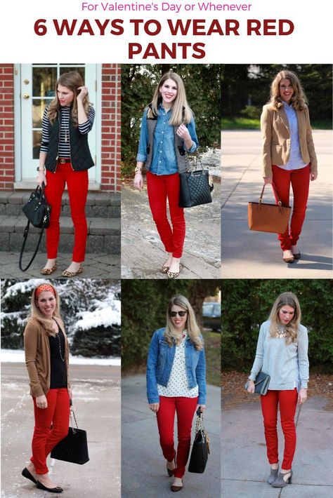 25 Date Night Ideas & 6 Ways to Wear Red Pants Styling Red Jeans, Red Pants Gray Top Outfit, How To Style Red Jeans, Red Jeans Outfit Winter, Red Pant Outfit, How To Wear Red Pants, Red Pants Outfit Casual, What To Wear With Red Pants, Red Dress Pants Outfit