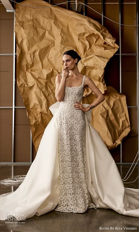 rivini rita vinieris spring 2025 sleeveless beaded straps scoop neckline heavily embellished sheath wedding dress a line ball gown overskirt chapel train (3) mv -- Rivini by Rita Vinieris Spring 2025 Wedding Dresses | Wedding Inspirasi  #wedding #weddings #bridal #weddingdress #weddingdresses #bride #fashion #label:Rivini #label:RivinibyRitaVinieris #season:Spring/Summer #week:222024 #year:2025 ~ Wedding Dresses 2022 Patterns, Beaded Gown Styles, Rivini Wedding Dress, Rita Vinieris Wedding Dress, Wedding Dress 2024 Trend, Overskirt Wedding Dress, Wedding Dress 2025, Dainty Wedding Dress, Wedding Dress With Straps