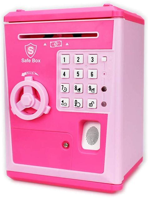 Mini Safe, Pink Gift Basket, Bank For Kids, Pink Toys, Atm Bank, Princess Bedrooms, Atm Machine, Bank Safe, Bank Atm