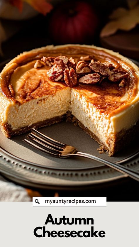 This autumn cheesecake combines the warm spices of fall with a smooth, creamy filling. Perfect for gatherings, it’s topped with a caramel drizzle and crunchy nuts, making it an irresistible treat for any autumn dessert spread. Autumn Cheesecake, Spice Cheesecake, Autumn Dessert, Seasonal Desserts, Caramel Drizzle, Dessert Spread, Cracker Crust, Ginger Snap Cookies, Fall Flavors