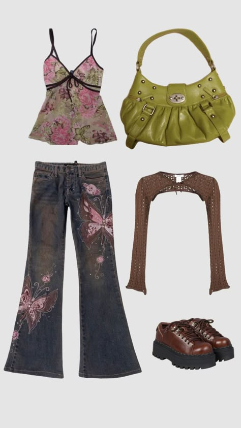 #y2k #y2kgrunge #floral #grunge #fairy #beauty #outfitinspo #fitinspo #unif #platforms Boho Y2k Fashion, Fairy Core Y2k Outfits, Y2k Fashion Aesthetic Outfits, Flare Jeans Y2k Outfit, Boho Streetwear Outfits, Y2k Boho Fashion, Shuffles Outfits Y2k, Y2k Fairy Outfits, Fairy Y2k Outfits