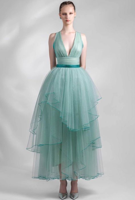 Gemy Maalouf Dress With Draping, Midi Outfits, Tulle Midi Dress, Necklines For Dresses, Mesh Dress, Deep V, Green Dress, Dress Length, Evening Dresses