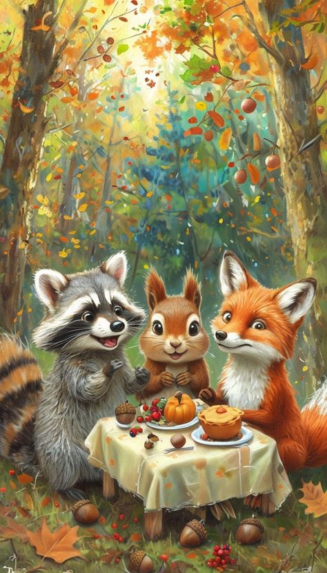 Elegant Vintage Thanksgiving Greeting Mobile Wallpaper - Playground Woodland Creatures Art, Thanksgiving Animals, Whimsical Thanksgiving, Cozy Pictures, Vintage Thanksgiving Greetings, Holiday Iphone Wallpaper, Wallpaper Template, Squirrel Pictures, Autumn Animals