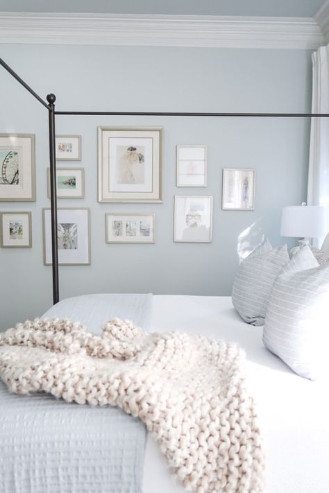 Sheer Bliss Benjamin Moore Bedroom, Calming Master Bed Paint, Blues For Bedroom Walls, Benjamin Moore Ocean Air Bedroom, Moonmist Sw Bedroom, Bedroom Paint Inspirations Master, Pale Blue Bedroom Decor, Soft Blue Bedroom Walls, Master Bedrooms With Color