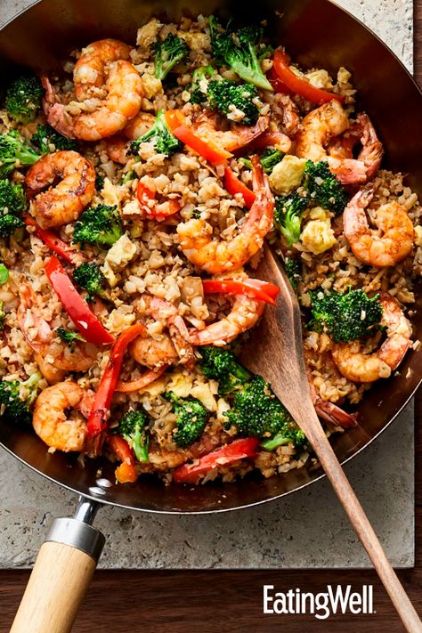 Chicken And Shrimp Cauliflower Fried Rice, Shrimp And Cauliflower Rice Recipes, Cauliflower Rice With Shrimp, Shrimp Brocolli And Rice, Shrimp And Cauliflower Recipes, Cauliflower Fried Rice With Shrimp, Fried Rice Shrimp Recipes, Cauliflower Rice Dishes, Shrimp Rice Broccoli