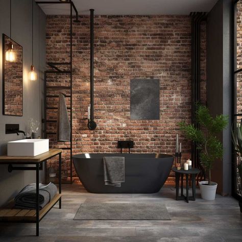 9 Exposed Brick Bathroom Ideas for a Modern Rustic Feel • 333+ Images • [ArtFacade] Brick Bathroom Ideas, Exposed Brick Bathroom, Modern Industrial Bathroom, Shower Interior, Industrial Concept, Brick Bathroom, Industrial Bathroom Design, Urban Bedroom, Industrial Theme