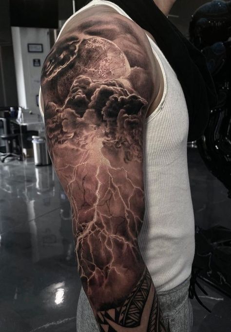 Electrifying lightning rolling clouds arm tattoo Tattoos Arm Mann, Cloud Tattoo Sleeve, Blitz Tattoo, Storm Tattoo, Sky Tattoos, Lightning Tattoo, Army Tattoos, Tattoo Filler, Tattoo Background