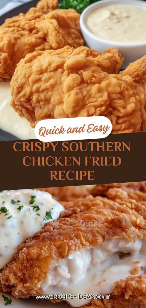 Try this Chicken Fried Chicken for a delicious twist on Southern comfort food. With crispy, golden chicken breasts perfectly coated and topped with creamy gravy, this dish is sure to impress family and friends. Whether it's a cozy dinner or a special occasion, this Chicken Fried Chicken recipe brings that authentic Southern flavor to your table. Serve with mashed potatoes or greens for a filling meal that everyone will love. This easy BBQ recipe is perfect for gatherings and delicious leftovers for lunch! Chicken Fried Chicken Recipe, Fried Chicken Crispy, Best Fried Chicken Recipe, Fried Chicken Breast Recipe, Good Fried Chicken, Oven Fried Chicken Recipes, Easy Fried Chicken, Perfect Fried Chicken, Fried Chicken Recipe Southern