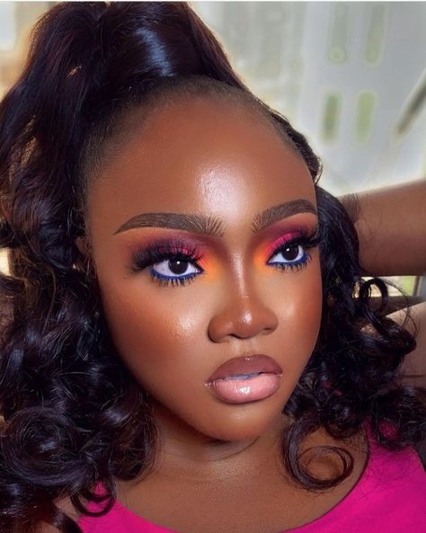 Carnival Glam Makeup, Colourful Eyeshadow Looks Black Women, Pink And Orange Eyeshadow Looks Black Women, Colorful Eyeshadow Black Women, Color Eyeliner Looks Black Women, Orange Carnival Makeup, Orange And Gold Makeup Looks Black Women, Carnival Makeup Black Women, Bright Makeup Looks Black Women