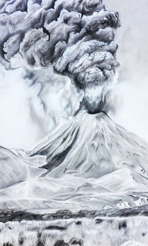 Volcano Tattoo Design, Volcano Eruption Drawing, Pompeii Drawing, Volcano Sketch, Volcano Tattoo, Volcano Drawing, Volcano Art, Micron Pen Art, Charcoal Artwork