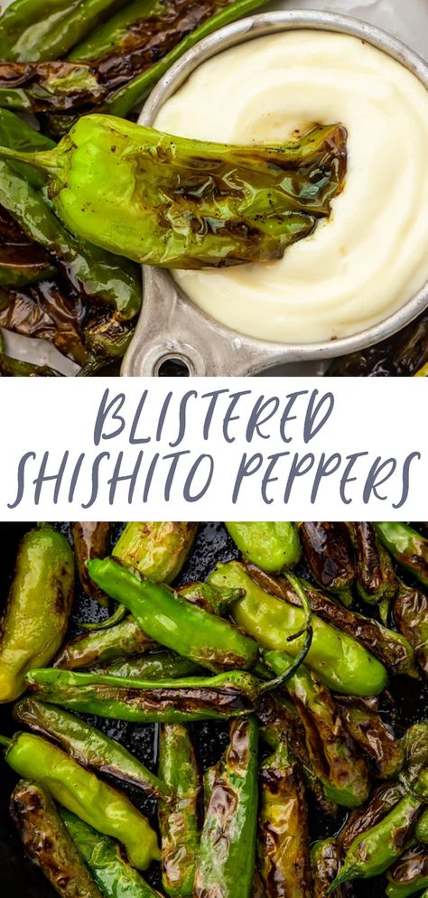 These blistered shishito peppers are cooked to perfection in a skillet then tossed with butter and served with a quick and easy lemon-garlic aioli. This is one of my favorite vegetable recipes of all time, and I devour them all summer! You'll love this appetizer or side dish just as much as I do, guaranteed. Shishito Pepper Recipe, Blistered Shishito Peppers, Simple Appetizer, Shishito Peppers, Garlic Aioli, Garlic Recipes, Veggie Side Dishes, Incredible Recipes, Peppers Recipes