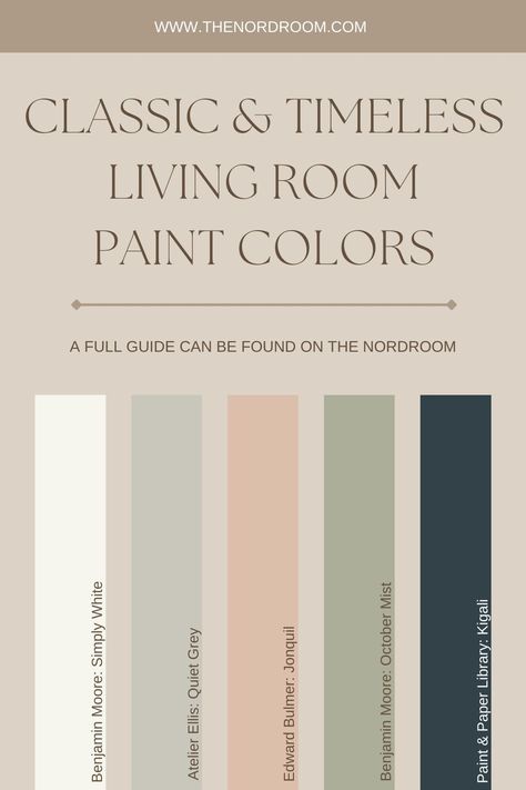 The Best Classic Paint Colors For A Timeless Living Room 32 Classy Living Room Paint Colors, Bright Room Paint Color Ideas, Front Room Ideas Colour Palettes, Paint Living Room Colors, Classic Wall Colors, Walls Colours Ideas, Soothing Living Room Colors, Classic Interior Paint Colors, Timeless Living Room Paint Colors