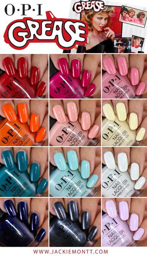 OPI Grease Collection Swatches and Review - JACKIEMONTT Opi Nail Polish Colors, Opi Gel Nails, Opi Nail Colors, Nail Polish Swatches, Pretty Nail Polish, Nail Color Trends, Spring Nail Colors, Opi Nail Polish, Colorful Nail Designs