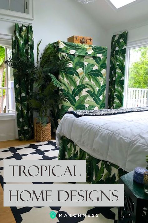 If you like tropical decorations, you can apply them in the bedroom. Long curtains with green leaf motif will bring a fresh look and will never fail for tropical decor. Then you can add a Cabinet with a green cover so it will look complete and fresh. #tropicalhome #homedecoration Tropical Minimalist Bedroom, Bedrom Ideas, Tropical Bathroom Decor, Tropical Decor Living Room, Tropical Decorations, Tropical Curtains, Tropical Living Room, Green Leaf Wallpaper, Tropical Home