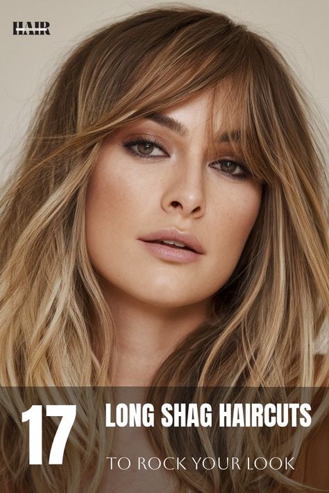 Soft curtain bangs blend seamlessly into long layers, creating a laid-back, boho-inspired shag. The cut is perfect for adding texture without sacrificing length, and the bangs add a subtle face-framing effect. Layered Shag With Curtain Bangs, Face Framing Shag, Blended Bangs, Shag With Curtain Bangs, Layers With Bangs, Soft Curtain Bangs, Layered Shag, Skunk Hair, Long Shag Haircut