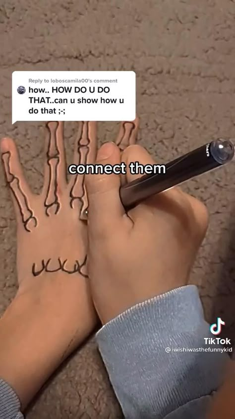 Skeleton Drawings Hand, Skeleton Drawing On Hand Tutorial, Tutorial Skeleton Hand, How To Draw Bones On Your Hand Easy, Bone Hand Drawing Tutorial, Random Things To Draw On Your Hand, Pen Doodles On Hand, How To Do A Skeleton Hand, How To Do Skeleton Hand