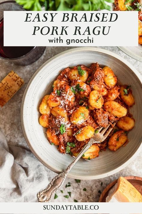 This pork ragù with gnocchi is one of my all time favorite pasta recipes! The ragù has red wine-braised pork shoulder, garlic, fresh herbs, and parmesan for a flavorful sauce to serve over potato gnocchi. You can also serve it over pappardelle, penne, or creamy polenta. The sauce can be made in the oven or the slow cooker if you want a hands-off dinner. Make this pork pasta sauce for a dinner party, the holidays, or Sunday dinner - it's a huge crowd-pleaser. This ragù pasta is the absolute best! Braised Pork Ragu, Braised Pork Shoulder, Slow Cooker Pork Roast, Pork Ragu, Favorite Pasta Recipes, Boneless Pork Shoulder, Slow Cooker Roast, Shredded Pork, Braised Pork