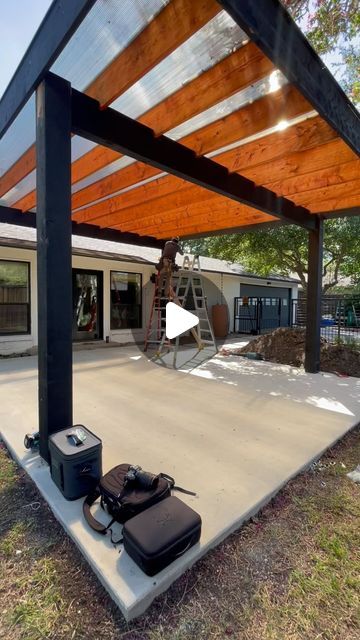 Cover Your Pergola on Instagram: "SkyPoly Pergola and Patio Cover! 24x18. 8x8 posts. 4x12 headers. 2x12 joists. SKYPOLY bronze Hercules Patio Cover roof. Let through tons of light and block the rain!   DM us for a quote!   #pergola #patiocover #pergoladesign #arbor #outdoorlivingspace #backyarddesign" Pergola Cover Ideas Waterproof, Pergola Waterproof Cover, Clear Covered Pergola, Patio Covering Ideas, Pergola Patio With Clear Roof, Clear Roof Pergola Covered Patios, Patio Cover, Covered Deck Clear Roof, Alumawood Gable Patio Covers