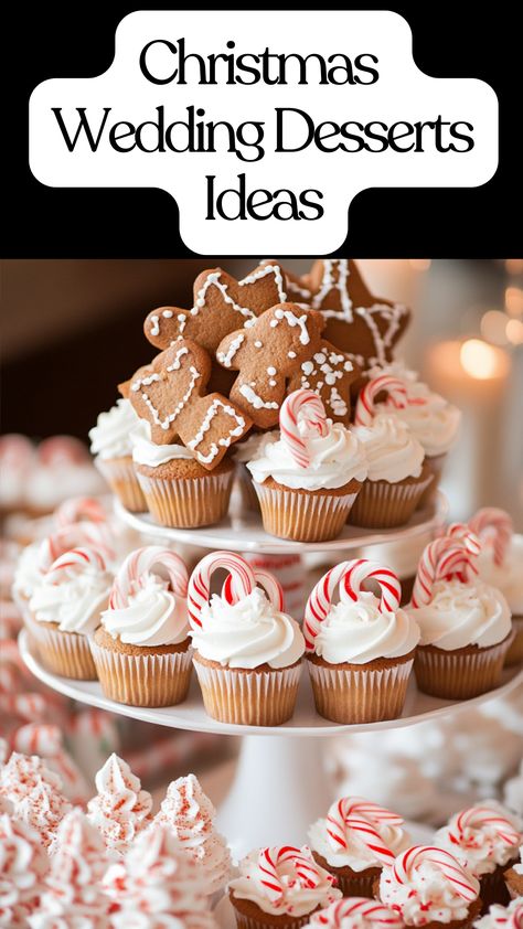 Festive Christmas wedding desserts including gingerbread cookies and candy cane cupcakes. Christmas Desserts Table Display, Christmas Wedding Desserts, Christmas Sweets Table Ideas, Easy Fancy Christmas Desserts, Christmas Wedding Dessert Table, Christmas Sweets Table, Christmas Dessert Table Ideas, Elegant Christmas Desserts, Christmas Dessert Bar