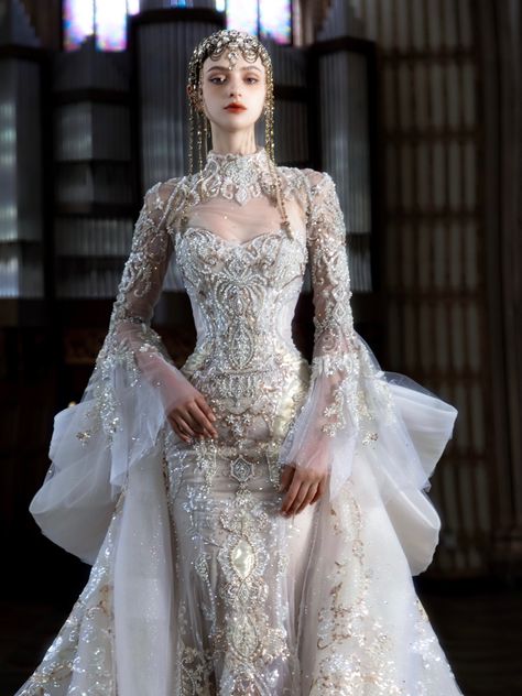 Victorian Ballgown Aesthetic, Arabian Gown, Luxury White Gown With Intricate Embroidery, Ballgown Aesthetic, Luxury Victorian Baroque Gown, Arabian White Wedding Dress, Luxury Ethereal White Dress, Luxury White Ethereal Gown, Royal Ball Gown