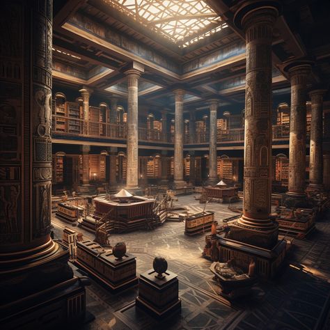 Library Of Alexandria Aesthetic, Ancient Library Fantasy Art, Ancient Library Aesthetic, Alexandrian Library, Egyptian Library, Roman Library, Ancient Futurism, Ancient Libraries, Babylon City