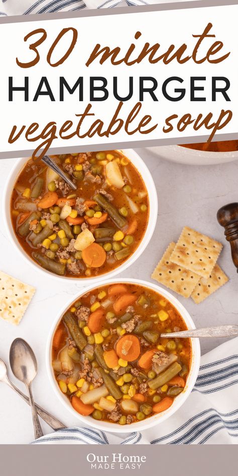 This comforting ground beef vegetable soup is loaded with veggies, seasoned beef, and a savory broth. Ready in just 30 minutes, it's perfect for chilly days and makes a great meal to double and freeze for busy weeknights. #fallrecipes #ourhomemadeeasy #soup #vegetablesoup #slowcooker Veggie And Beef Soup, Easy Beef Vegetable Soup Crockpot, Simple Vegetable Beef Soup, Vegetable Beef Soup With Ground Beef, Ground Beef And Veggie Soup, Quick Vegetable Soup Recipes, Vegetable Beef Soup Recipes With Hamburger, Vegetable Soup Ground Beef, 7 Can Vegetable Beef Soup