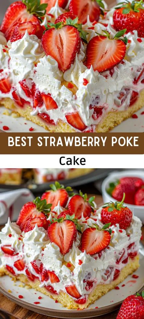 Easy Sweet Treats, Strawberry Poke Cake, Strawberry Poke Cakes, Strawberry Cake Easy, Strawberry Birthday Cake, Gooey Butter Cookies, Poke Cake Recipes, Poke Cakes, Whipped Cream Frosting